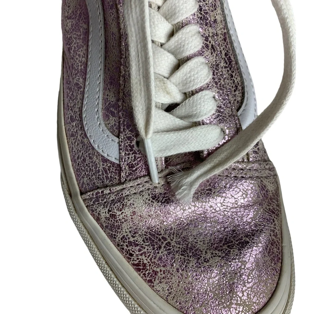 VANS Women 7.5‎ Old Skool Pink Cracked Shimmer Leather Low Lace Up Sneaker Shoes